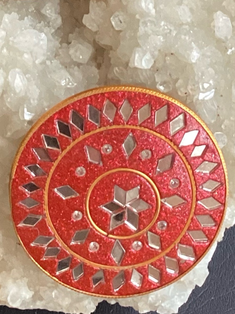 Red India Mosaic Round Palm Sized Purse Mirror